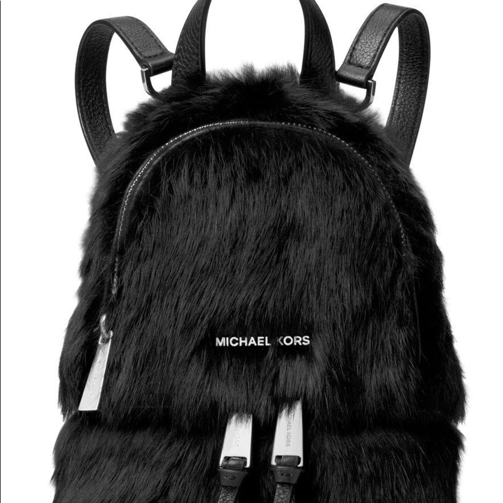 NWT Michael Kors Rhea Zip Mini Messenger Black Furry Backpack